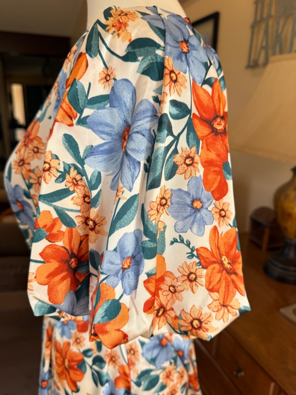 NWT Umgee Cream Floral Tie-Waist Mini Dress with Orange & Blue Blooms - Picture 5 of 9